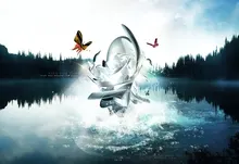 abstract trees lakes desktopography reflections butterflies Art HD Wallpaper